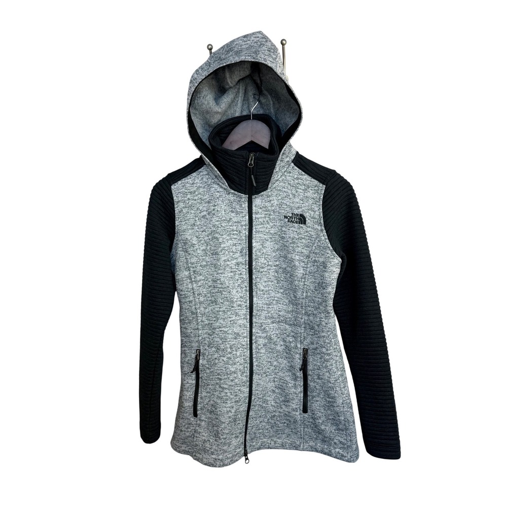 The North Face Jacket Womens Small Gray Black Hooded Full Zip Fleece‎ Knit